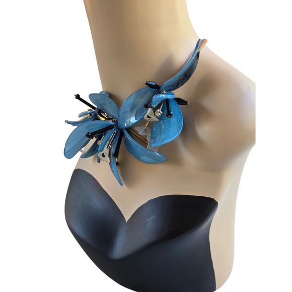 Blue Orchid Floral Statement Necklace – Chunky Movable Petals Adjustable - Picture 5 of 16